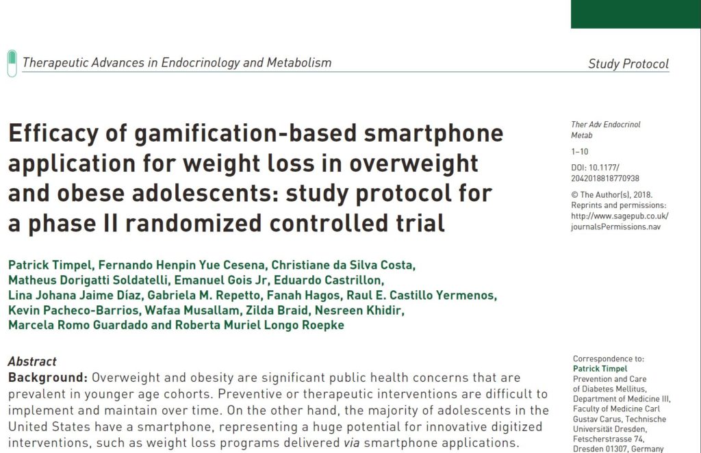 Das veröffentlichte Studienprotokoll "Efficacy of gamification-based smartphone application for weight loss in overweight and obese adolescents: study protocol for a phase II randomized controlled trial" als Artikel in "Therapeutic Advances in Endocinology and Metabolism"